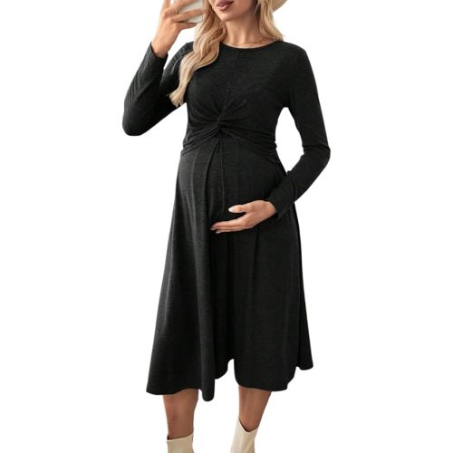 BLENCOT Maternity Nursing Midi Dress Twist Knot Pull Up Feed Postpartum