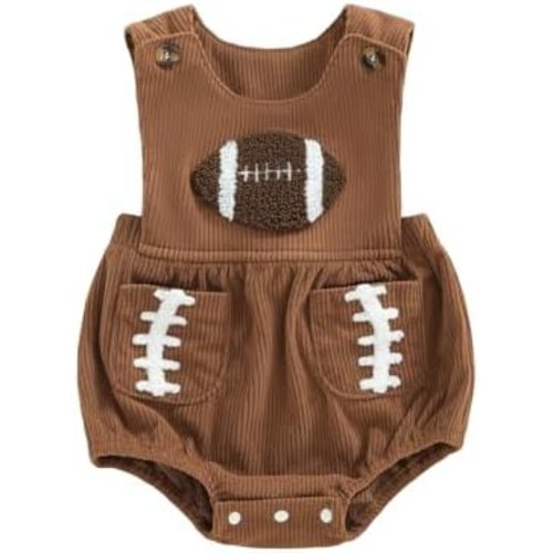 Newborn Infant Baby Boy Girl Football Outfit Embroidery Corduroy Overalls Bubble Romper Sleeveless Bodysuit Jumpsuit