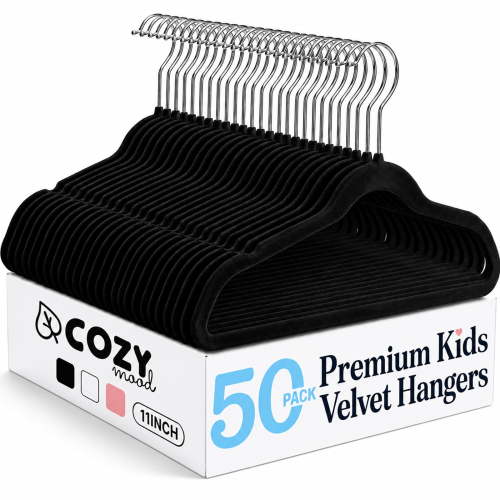 House Day 50 Pack Velvet Kids Hangers 11 Inch Baby Clothes Organizer Space-Saving Slim Design Black