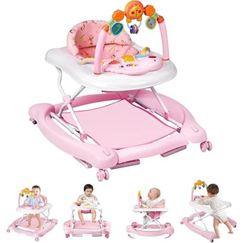 Baby Walker with Wheels, 5 in 1 Baby Walkers for Boys Girls 6-12 Months, Foldable Walker Baby with Bouncer & Feeding Tray, Music, Adjustable Heights
