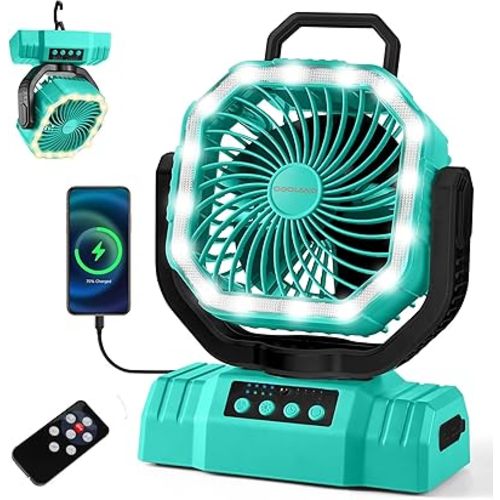 Odoland Portable Camping Fan with LED Lantern, 20000mAh Rechargeable Battery Powered Fan with Auto Oscillation, Timer, Remote, 360° Rotation Hook, 4 Speeds for Power Outage Travel Home, Cayan