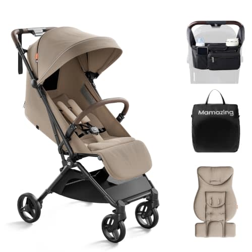 Mamazing Ultra Air Lightweight Baby Travel Stroller with Carbon Fiber Frame | Compact & Airplane-Friendly, One-Handed Fold, 11.6 lbs, UPF50+ Canopy, Under-Seat Basket, Organizer & Cushion Included, Khaki