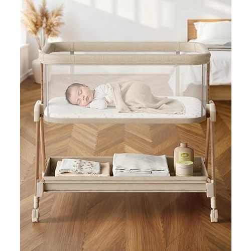Fodoss Baby Bassinets Bedside Sleeper - 3-in-1 Baby Bassinet with Wheels, Soft Mattress, Storage Tray, Full-Mesh Sides, 7-Height Adjustable Crib for Newborns