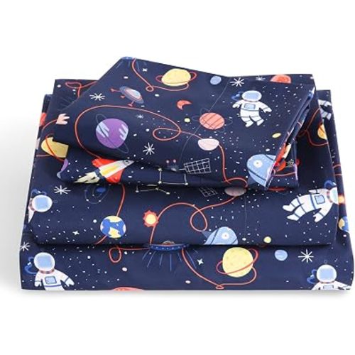 LONAVA Twin Sheet Set Kids - 3 Pieces Soft Microfiber Cartoon Style Bedsheets for Boys Girls Teens, Oeko TEX, Breathable Deep Pocket Sheets, (Astronauts)