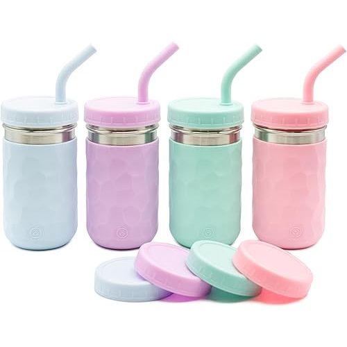 WeeSprout 2-in-1 Drinking Cups for Kids, Durable Stainless Steel Tumbler for Smoothies, Silicone Straws with Stoppers, Premium Plastic Twist Lids, Easy-Grip Sleeves, Set of 4 Dishwasher Safe Kid Cups