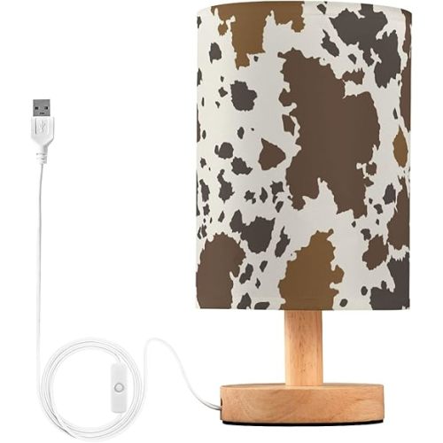 Table Lamp Cow Skin Brown Cowhide Pattern Nightstand Lamp with Wood Base Fabric Lamp Shade Bedside Desk Lamp for Living Room Bedroom Kids Room Office