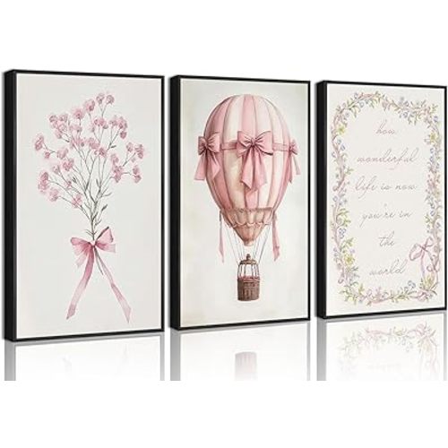 3Pcs Pink Nursery Wall Art Pictures Cute Baby Girls Room Posters Print Neutral Pink Bow Bouquet Hot Air Balloon Pastel Painting Wall Decor for Kids Room Little Girl Bedroom 12x16in Unframed