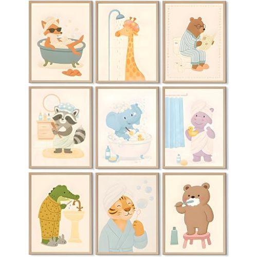tgguytiy Kids Bathroom Wall Art Set of 9 Cute Animal Bathroom Decor for Boys Girls Toddler Fox Giraffe Bear Toilet Wall Art 8x10 Unframed Posters
