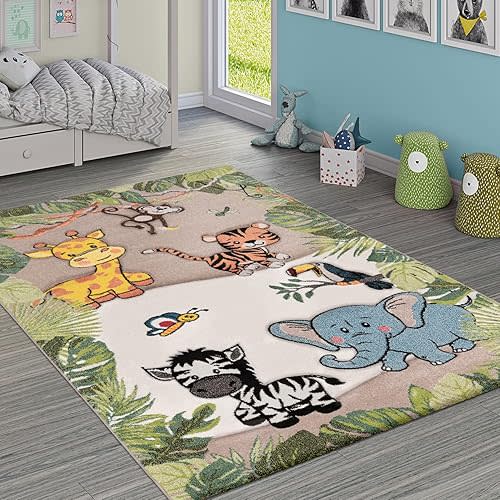 Paco Home Nursery Rug for Kids - Jungle Animals Giraffe Lion Monkey in Beige, Size:4'7" x 6'7"