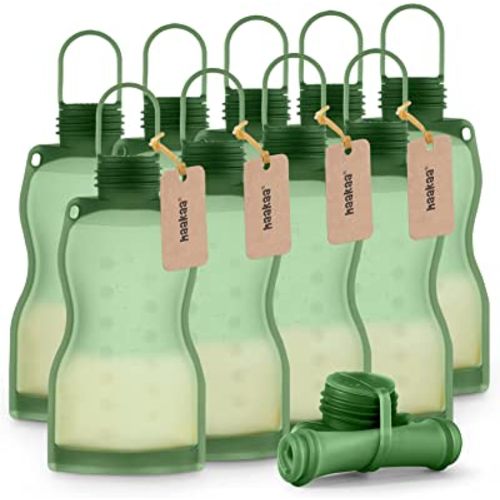 haakaa Silicone Breast Milk Storage Bag 9 oz- Reusable Milk Collector Freezer Bag for Breastfeeding Mom - Baby Food Storing Yummy Pouch - Breast Pump Bag - 10 Count,Pea Green