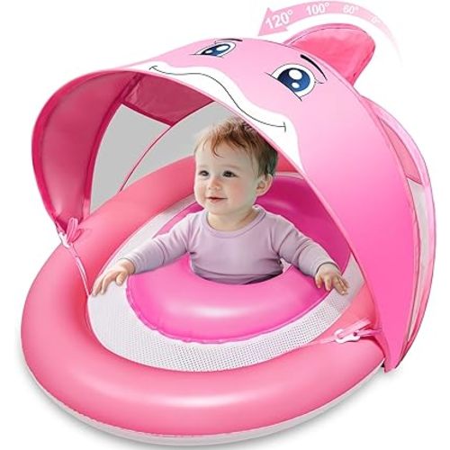 Dolphin Baby Float with Canopy for Age 6-36 Months UPF 50+ Sun Protection Never Flip Over Dual Air Chambers Adjustable Safety Seat 4 Stage Adjustable Canopy Inflatable Swim Pool Float Toddler Infant