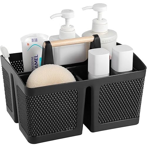 rejomiik Portable Shower Caddy Basket Plastic Cleaning Caddy Organizer Storage Tote with Handle for Bathroom, College, Dorm Room Essentials, Black