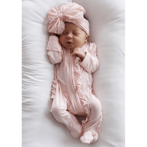 Baby Pink Bamboo Ruffle Zipper Footie