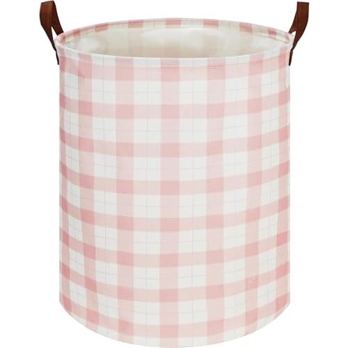CLOCOR Laundry Basket, Waterproof Pink Nursery Hamper, Collapsible Fabric Storage Container, Room Decor, Gift Basket(Pink Grid)