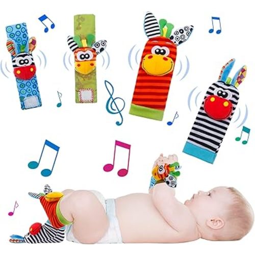 Lot de 4 hochets de poignet et chaussettes pour nouveau-né avec stimulation sensorielle - Cadeau de développement pour bébé de 0 à 9 mois