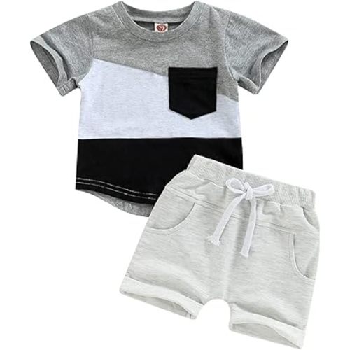 fhutpw Baby Toddler Boy Clothes Summer Outfits 6 12 18 24 Months Patchwork Short Sleeve T Shirt & Shorts Sets with Pockets