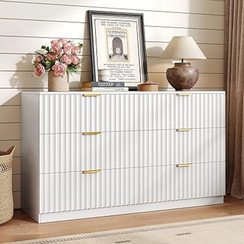 Fluted 6 Drawer Dresser for Bedroom,47.2''W Modern Dresser for Closet with Metal Handle, Wooden Chest of Drawers for Bedroom, Living Room, Hallway, White