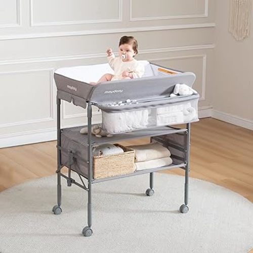 Baby Changing Table with Wheels, Maydolly Portable Foldable Changing Table, Waterproof Diaper Changing Station, Adjustable Height Changing Station, Mobile Nursery for Newborn and Infant (Grey)