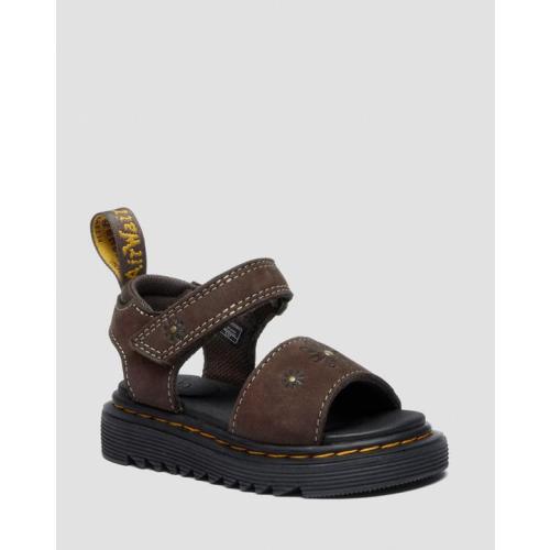 Toddler Marlowe Flower Debossed Nubuck Strap Sandals in Dark Brown | Dr. Martens