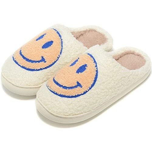 Retro Fuzzy Face Slippers for Women Men, Retro Soft Fluffy Warm Home Non-Slip Couple Style Casual Smile Face Slippers Indoor Outdoor Anti-Skid Warm Cozy Foam Slide Fuzzy Slides with Soft Memory Foam Shoes