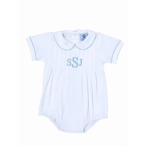 Boys Pleated Pima Cotton Bubble-White w Blue Piping-Baby Boy Outfit-Toddler Boy Outfit-Soft baby clothes-Boys Summer Bubble-Southern Baby