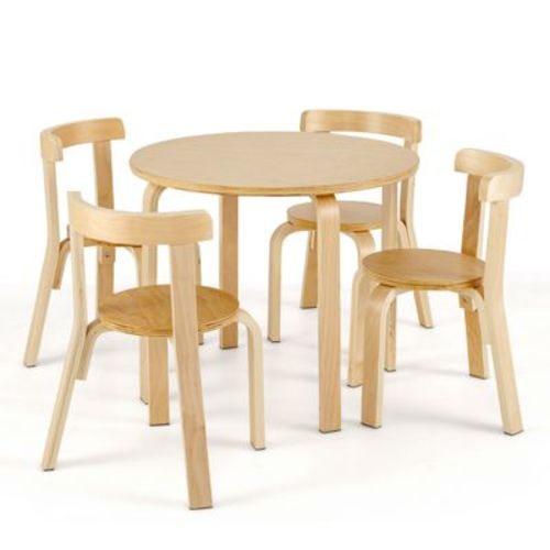Infans 5-Piece Kids Wooden Curved Back Activity Table & Chair Set w/Toy Bricks Natural