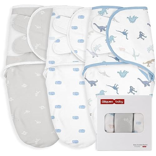 GLLQUEN BABY Swaddle 0-3 Months - 3 Pack Swaddles for Newborn, Adjustable Newborn Swaddling Wrap for Baby Boys and Girls, Swaddle Blanket Sleep Sack, Dinosaur & World, Easy Change