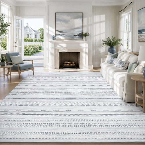 VUNATE 5'x7' Area Rugs for Living Room Washable Rugs Boho Moroccan Area Rug Soft Neutral Geometric Bohemian Carpet Distressed Indoor Rug for Bedroom Dining Room Office Foldable Nonslip Rug Blue