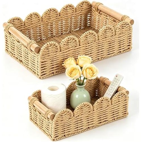 Wide Storage Baskets for Shelves Set of 2 – Non-Tip Paper Rope Baskets with Wooden Handles, Scalloped Edge, Tight Weave, Fits 13-Inch Cube Organizer, Beige, Large & Small (Beige)