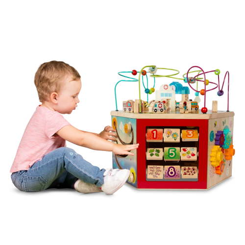 Battat CurioCity Wooden Activity Center Toy with 7 Sides and Bead Maze, Baby and Toddler 12 Months +