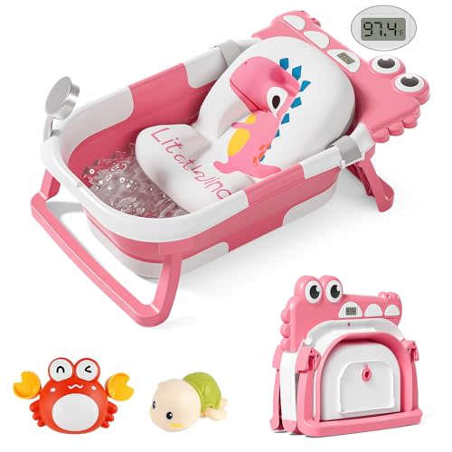 TPN Collapsible Baby Bathtub, Baby Bath Tub with Soft Cushion & Real-Time Thermometer, Baby Bathtub Infant to Toddler Tub (0-36 Months), Portable Newborn Travel Bath tub