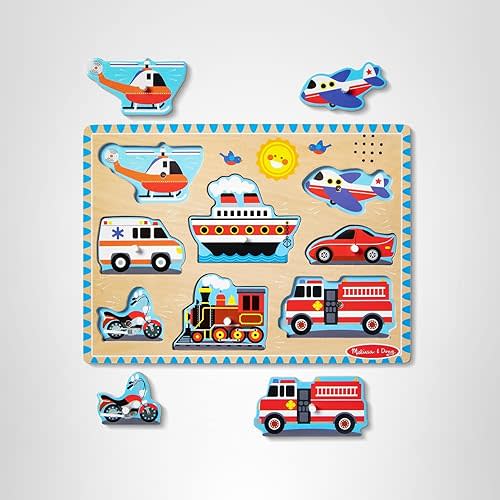 Melissa & Doug Vehicles Sound Puzzle – 8-Piece Wooden Peg Puzzle with Light-Activated Sounds, Music Learning Toy for Toddlers and Preschoolers Ages 2+
