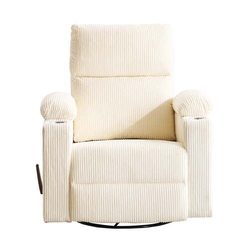 Rhevoy Adult Corduroy Living Room Nursery Adjustable Armrests and Adjustable Headrest Swivel Rocker Recliner, Beige