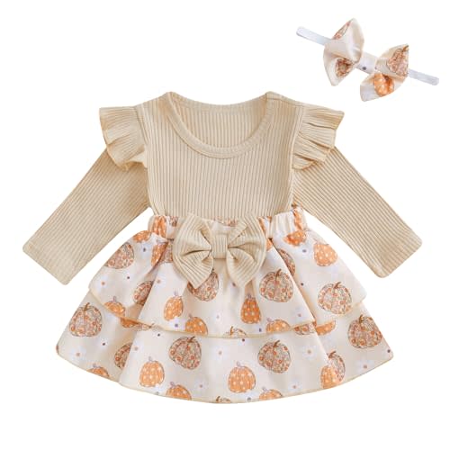 Socutebabe Baby Girl Thanksgiving Outfit Newborn Outfit Ribbed Ruffle Romper Dress and Headband Cute Fall Clothes