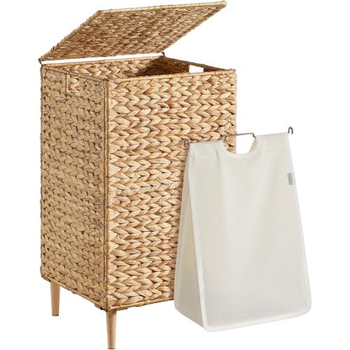 SONGMICS Laundry Hamper, 25 Gal. (95 L) Handwoven Water Hyacinth Wicker Laundry Basket with Lid, Natural Material, Removable Machine Washable Liner, Handles, Natural ULCB201Y01