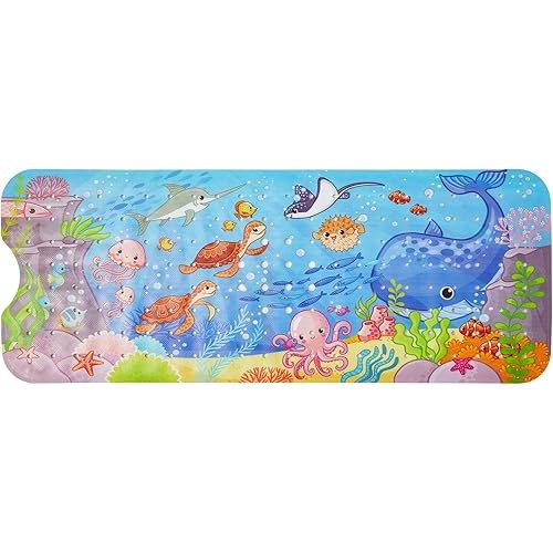 Bathtub Mat for Kids - Non Slip Cartoon Bath Mat with Suction Cup and Drain Hole, Extra-Long 40 X 16 Inch Bath Tub and Shower Mat for Baby Toddlers, Machine Washable, Blue-Halobios