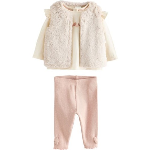 Ruffle Top, Faux Fur Vest & Bow Leggings Set, 3-6M