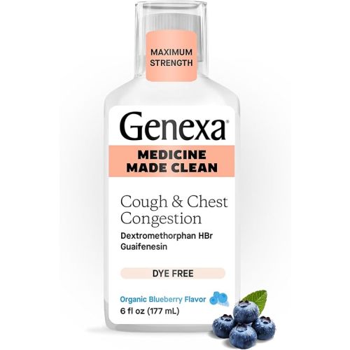 Genexa Clean Cough & Chest Congestion Relief, Dye Free, 0% Artificial Additives, Multi-Symptom Maximum Strength Relief Cough Syrup, Cough Suppressant & Expectorant, Organic Blueberry Flavor, 6 fl oz