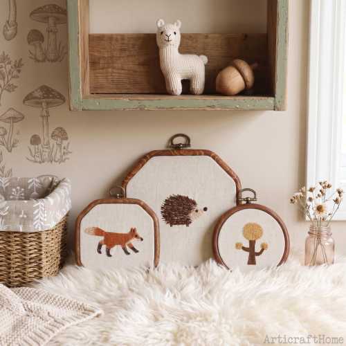 Neutral nursery decor, Woodland animals embroidery hoops Wall hanging, Fox and hedgehog retro rustic cottagecore home gifts
