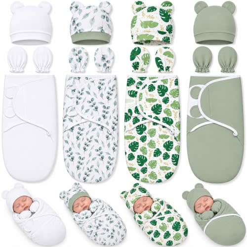 Ramede 4 Sets Preemie Swaddle Blanket with Hats Mittens, Nature Style | Adjustable Wraps for Premature Babies Girls Boys, Breathable Fabric, Newborn Clothes, Hospital Nursery Gift