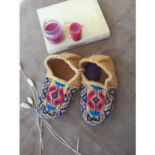 Mustard, Navy and Red. Toddler and Youth Knit Slipper Socks With Suede Soles Ethnic boho slippers. US Shipping