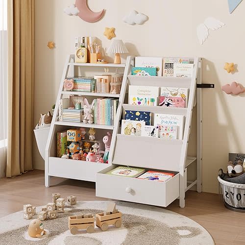 Kids Bookshelf and Toy Storage Organizer, Kids Bookcase Montessori 3 Tier Baby Toddler Sling Book Shelf with Drawer Pockets for Kids Room, Nursery, Playroom, Bedroom, White