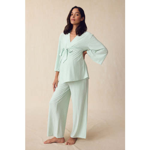 LAKE | Women | DreamModal™ Pajamas | Parisian Green Pencil Stripe Maternity Kimono Bundle