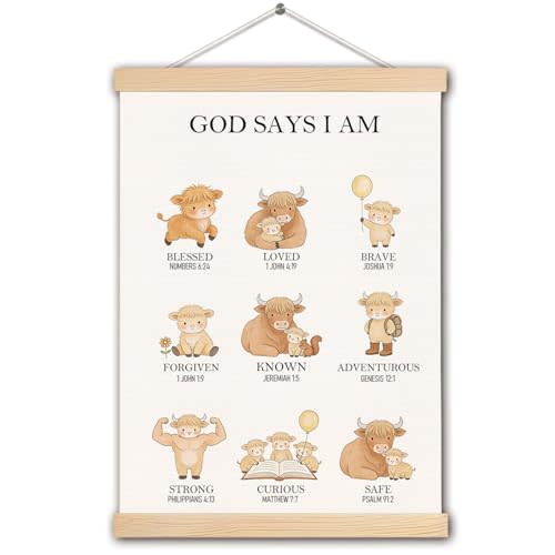 TAZSWDMM Christian Highland Cow Nursery Poster Wall Art Framed, Mother Cow and Calf God Says I Am Bible Verse Canvas Prints Wall Decor for Toddler Kids Room Playroom Home, 12x16 Inch