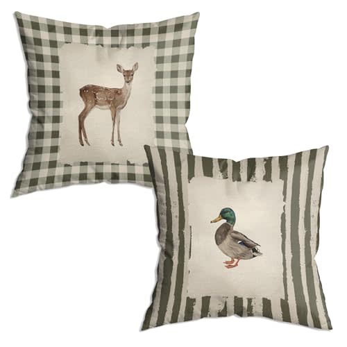 Vintage Checkered Deer Striped Mallard Duck Pillow Covers 18x18 Set of 2, Housewarming Gifts，Rustic Cottagecore Animal Farm Field Pillow Covers Decor for Home Bedroom Living Room