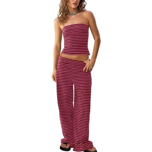 Tankaneo Womens Striped 2 Piece Sets Summer Strapless Crop Tube Tops Wide Leg Pants Matching Lounge Set Vacation Outfits