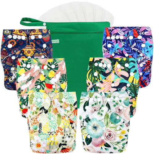 Wegreeco Washable Reusable Baby Cloth Pocket Diapers 6 Pack + 6 Bamboo Inserts (with 1 Wet Bag, Love, Flowers)
