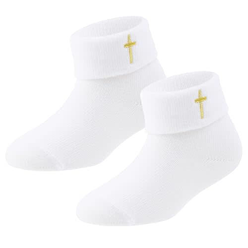 Newborn Baptism Socks Infant Ankle Crew Socks White Turn cuff Christening Cotton Socks for Baby Boys Girls
