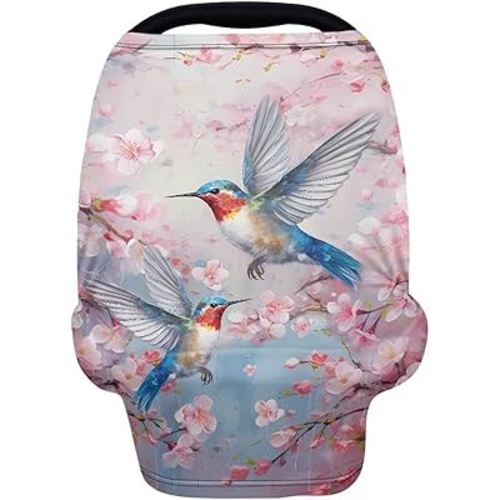 Binienty Hummingbird Cherry Blossom Baby Carseat Canopies and Nursing Covers for Car, Breathable Babies Infants Stroller Cover, Sun Protection