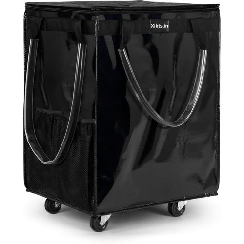 (Large, Black) Reusable Grocery Bag on 5 Wheels, Foldable Rolling Tote Carries Up to 110lb Shopping Trolley, Rolling Bag with 3 Handles, Zipper Clouser Rolling Tote Bag with Wheels for Laundry